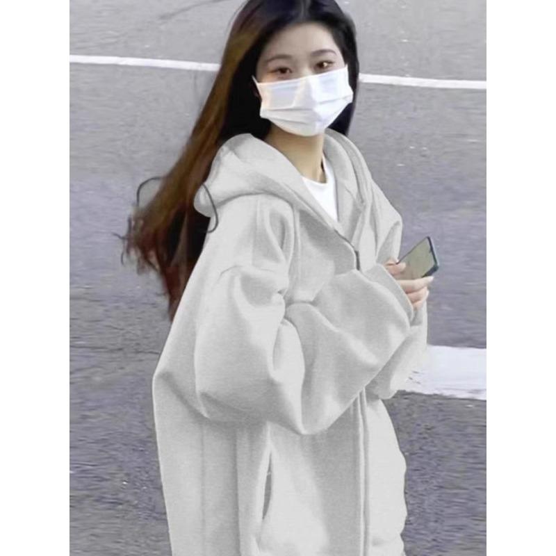 Sweatshirt Women's Sprin Autumn Hooded Thin Jacket with Thick Velvet Korean Style Trendy Student Loose Top Cardigan