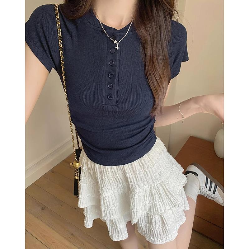 Французское лето однотонная рубашка на пуговицах с прямым плечом, полуоткрытым воротником, коротким рукавом, приталенная футболка с рукавом реглан для женщин