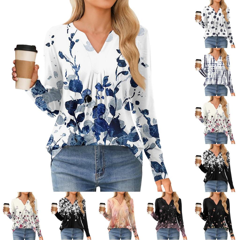 Women's Fashion Casual Long Sleeve Shirt Floral Printed V Neck Up Tops