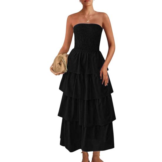 Женское платье без бретелек с открытыми плечами, без рукавов, без спинки, пляжное платье с многослойными оборками, разбросанным подолом, платье для отпуска, эластичное платье макси с облегающей грудью