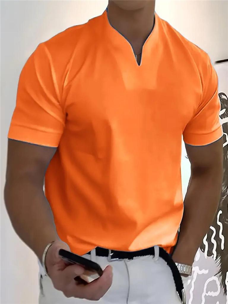 2025 Men's V-Neck Muscle Fit Sports T-Shirt - Elastic Short Sleeve Solid Color