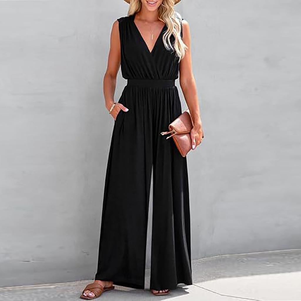 Women's Summer V-Neck Sleeveless Fashion Waist-slimming Sleeveless Jumpsuit