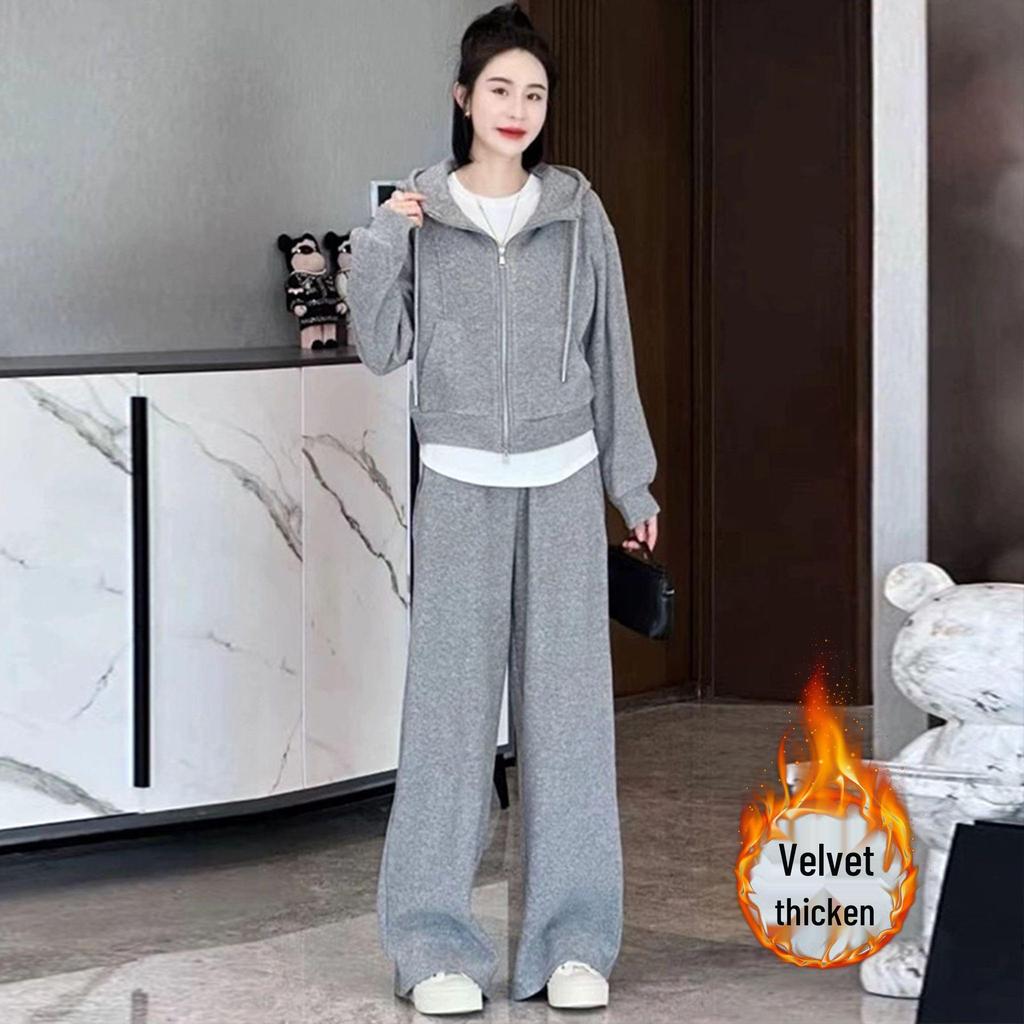 Женский спортивный костюм с флисовой подкладкой для инфлюенсеров: Худи и брюки широкого кроя для осени/зимы, для повседневной носки и бега.