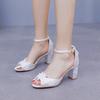 Crystal Queen Bride Sandals Solid Flower Chunky High Heel Ankle Buckle Pumps Elegant White Lace Women Wedding Shoes