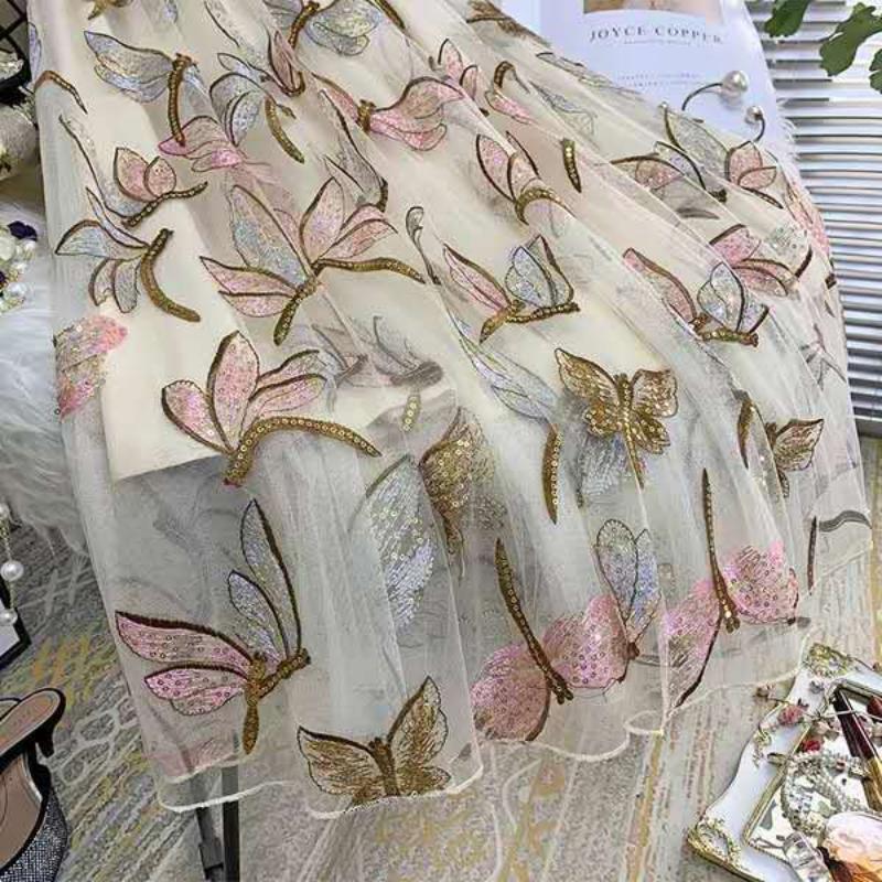 Heavy Industry Sequin Embroidery Women's Skirt Draped Mesh Skirt Medium Length Fashion Solid Color Versatile Pleated A-line Super Fairy Skirts