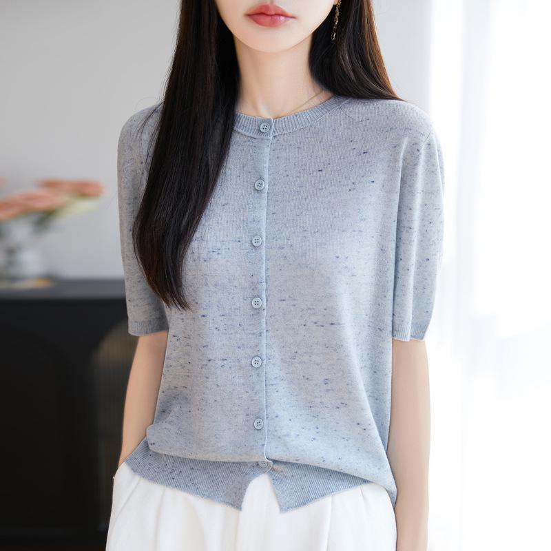 Women's Floral Wool Knit Cardigan - Round Neck, Short Sleeves, 2025 Spring/Summer Collection
