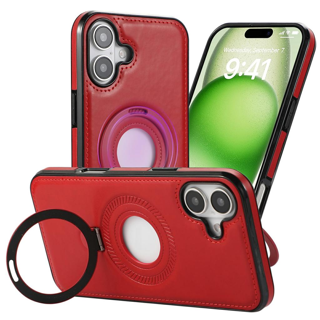 For iPhone 16 Case Magnetic Kickstand PU Leather Coated PC+TPU Phone Cover