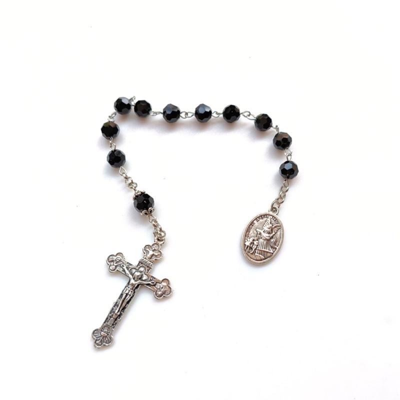 Black Crystal Rosary Bracelet with Crucifix Charm for Men and Women Spiritual Fashion Symbol of Faith Strength