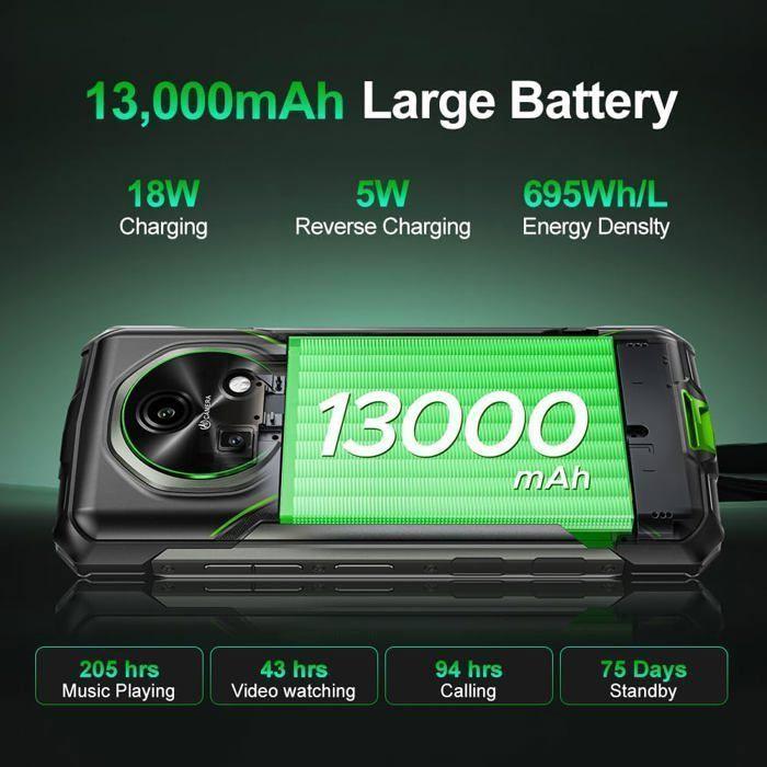 Telephone Portable Incassable DOOGEE Fire 5 Pro 20Go+128Go 6,6“ 13000mAh Smartphone Robuste Android 15 Dural SIM 4G/NFC/13MP Noir