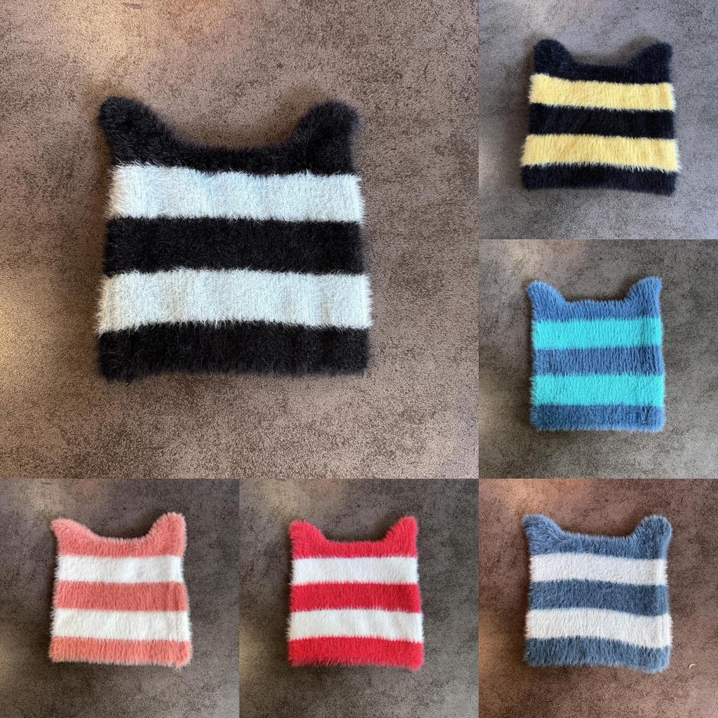Ears Design Cats Knit Cap With Stripe Style For Daily Cold Weather Outdoor Use