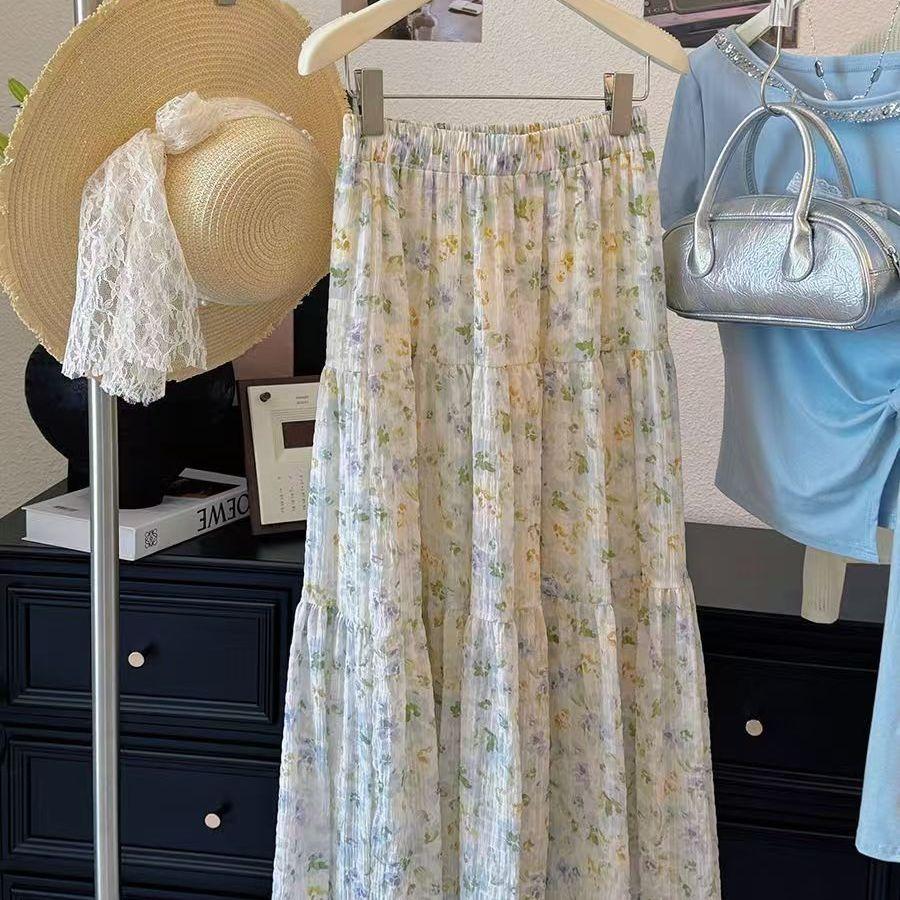 Нежная юбка с французским цветочным принтом, летняя новая маленькая свежая длинная юбка, утягивающая юбка с высокой талией, юбка-трапеция с принтом торта