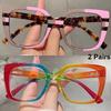 2 пары больших квадратных очков Женская модная оправа в стиле пэчворк Модные очки с многоцветной оправой, блокирующие синий свет