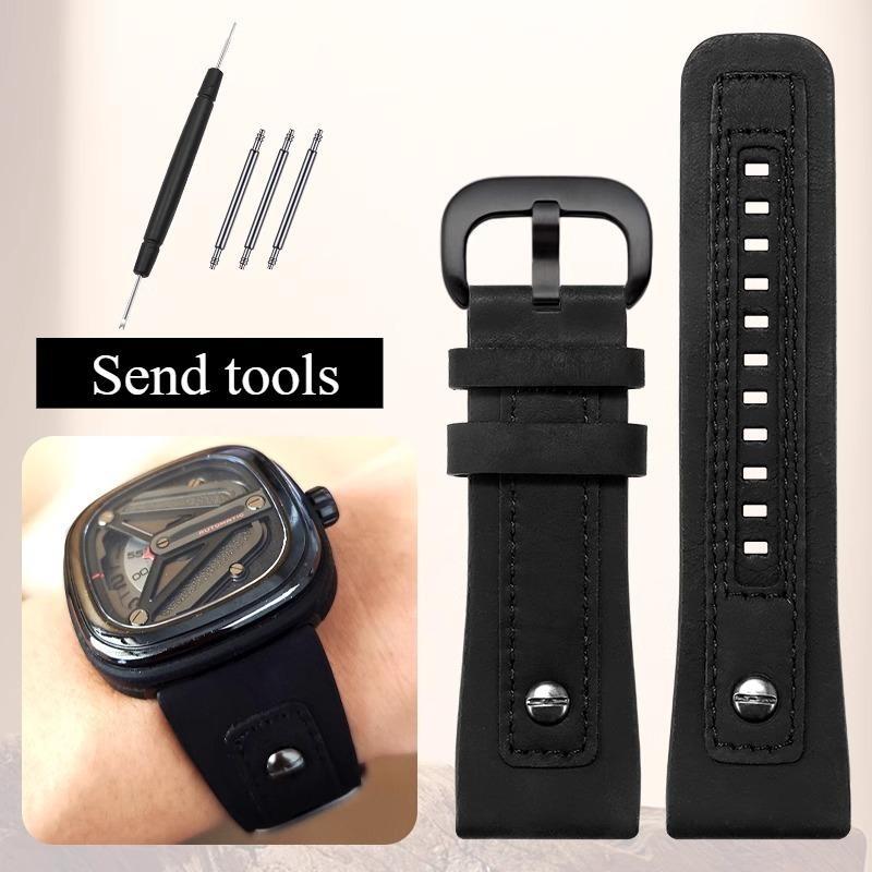 28mm Genuine leather watch strap men for SEVENFRIDAY M2 P3C 02 P1B 01 Q2 03 V2 01 retro cowhide watchband with rivets