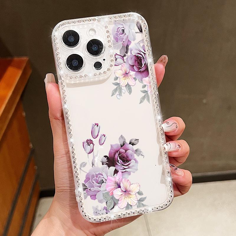 Прозрачный чехол с цветочным принтом сакуры и ромбовидной рамкой для iPhone 16E 16 15 Pro Max 14 Pro 13 12 11, противоударный чехол из мягкого силикона с защитой от падений