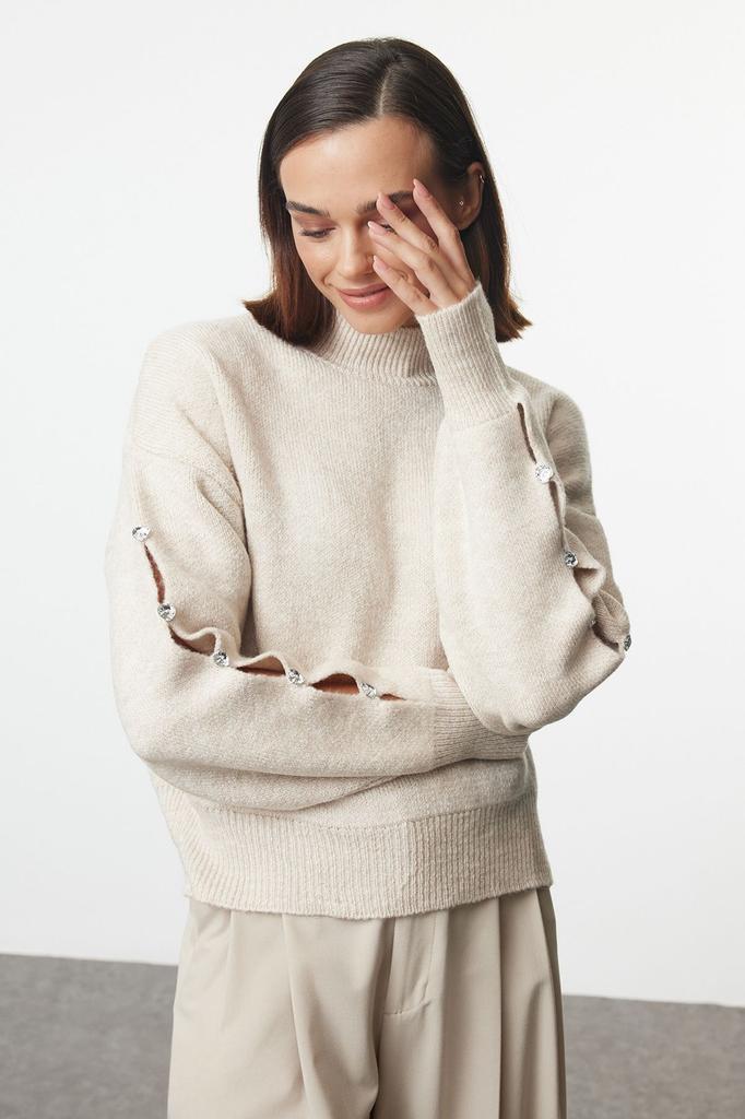 Женский свитер в элегантном стиле, мягкий текстурированный трикотаж на пуговицах с камнями, свитер