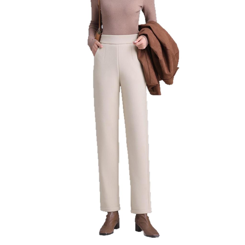 Женские черные кашемировые брюки с флисовой подкладкой, с высокой посадкой и широкими штанинами: Похудение, Универсальный, Зимняя повседневная одежда