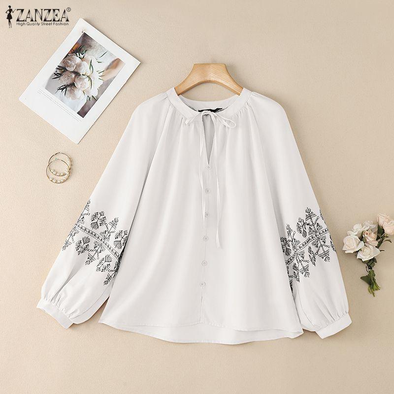 ZANZEA Женская повседневная свободная блузка с длинным рукавом и круглым вырезом