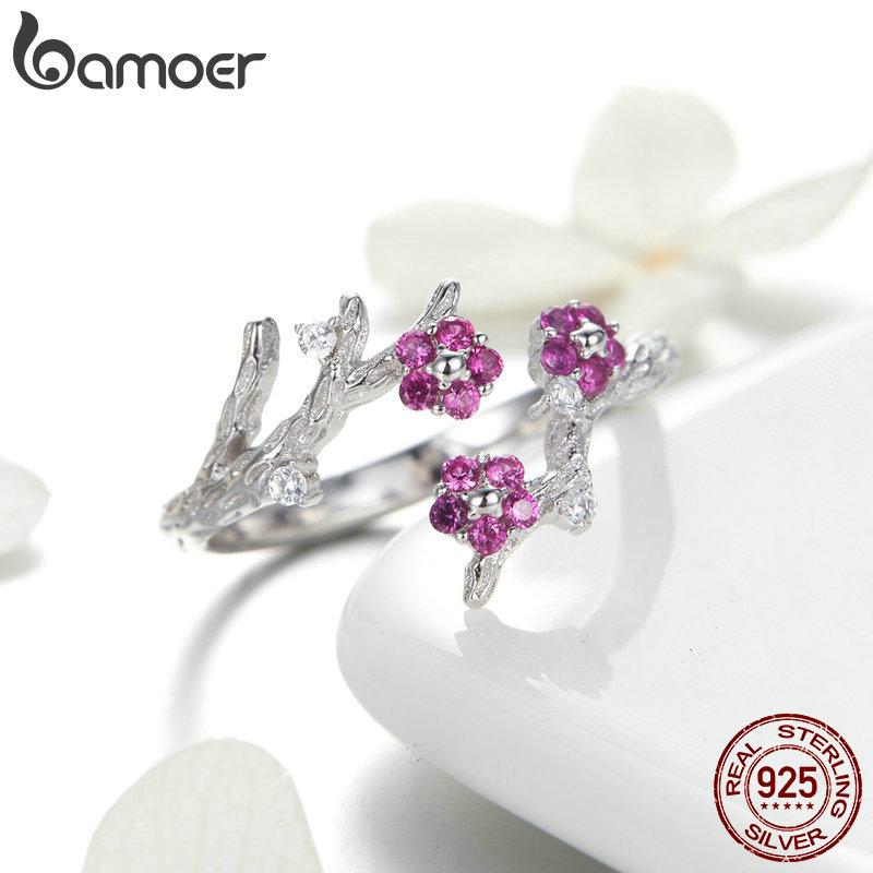 BAMOER 100% Серебро 925 Проволочная Зимняя Цветущая Слива Открытые Кольца для Женщин Свадебные Помолвочные Украшения BSR022