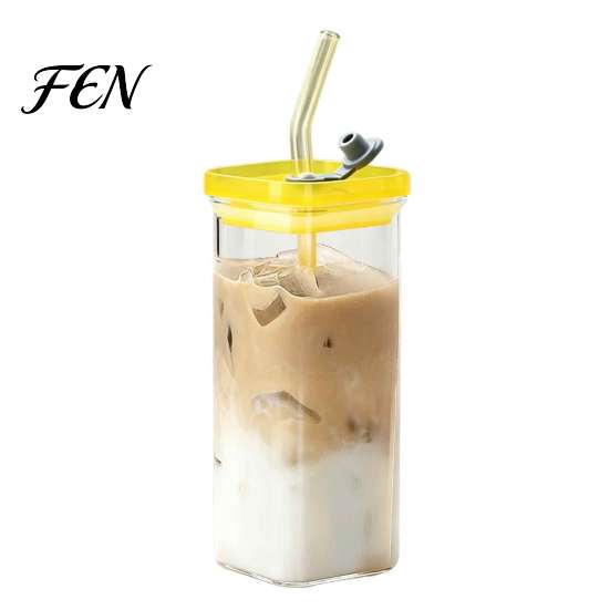 Glassware Collection for Special Occasions Square Borosilicate Glass Cup with Lid And Straw, 350ml Capacity, Heat-Resistant Eco Friendly Tumblers