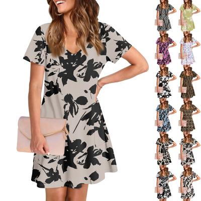 Женское повседневное и модное платье средней длины с V-образным вырезом и коротким рукавом с принтом