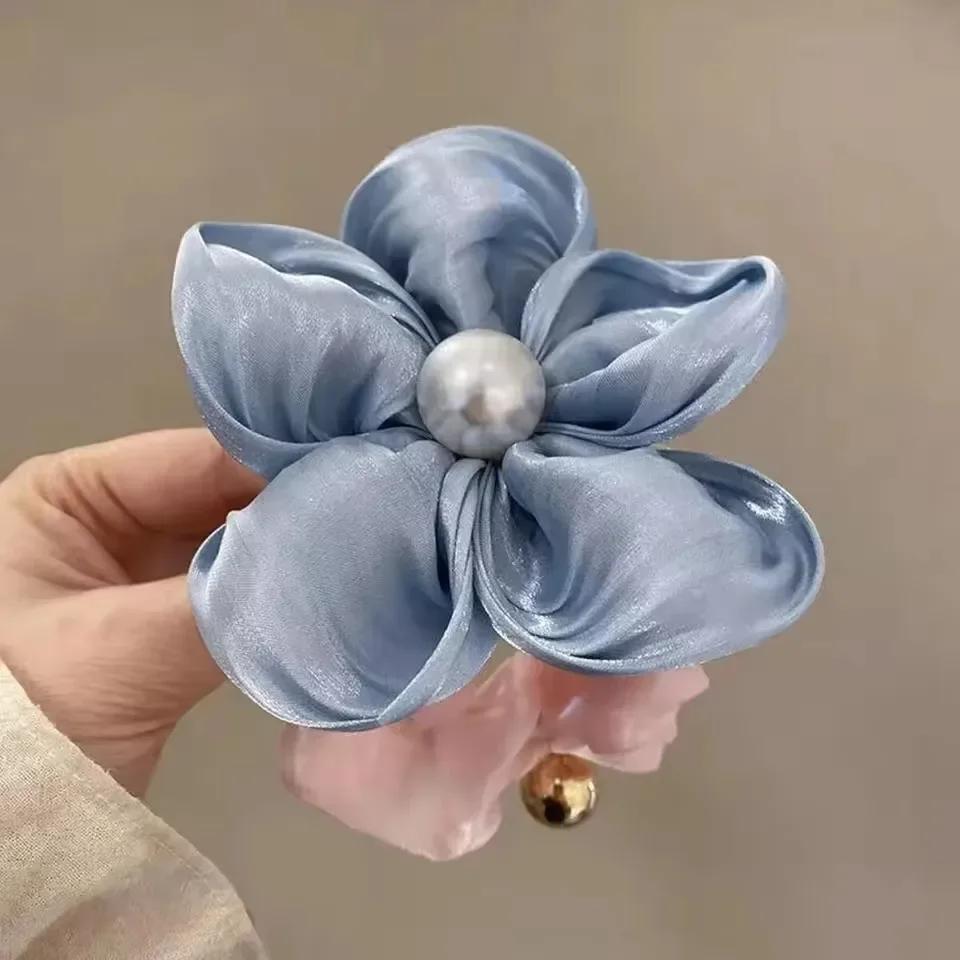 Fashion Elegant Pearl Flower Hair Rope Organza Stretch Scrunchies For Women Girls Hair Accessories Headwear Ponytail Holder