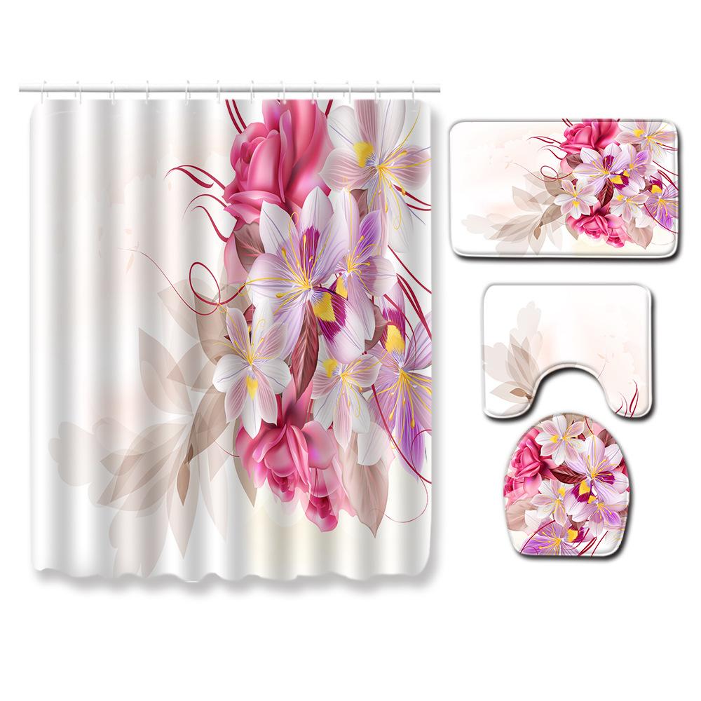 Painted Flowers Bathroom Shower Curtain Floor Mat Toilet Cover Foot Mat Four-Piece Pattern Size Fixed Zhi
