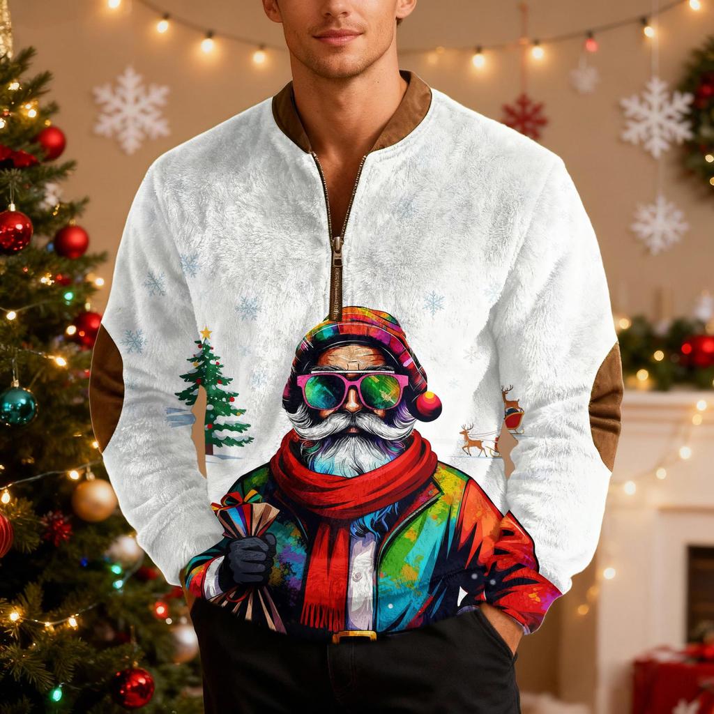 Мужской рождественский свитер на молнии, винтажный вязаный графический свитшот, рождественский пуловер со стойкой
