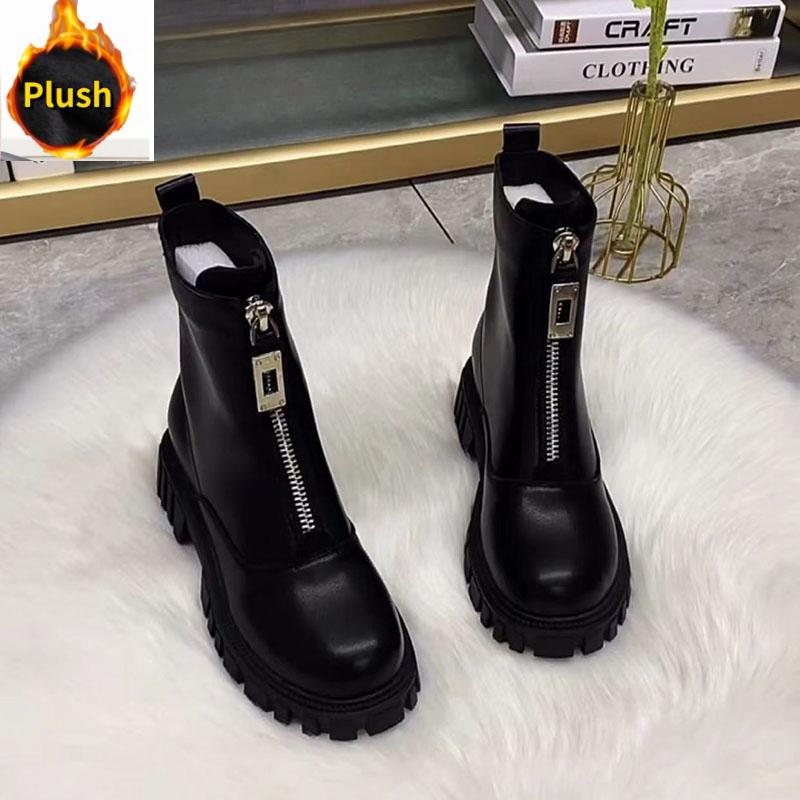 Женская обувь Осенне-зимние утепленные флисовые ботинки Кожаные туфли на толстой подошве Универсальная мода