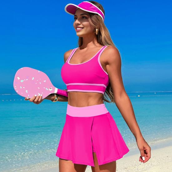 2Pcs/Set Women Tankini Set Low O-Neck Sleeve Tank Tops Tummy Control Side Split Skorts Set Patchwork Color Swimwear