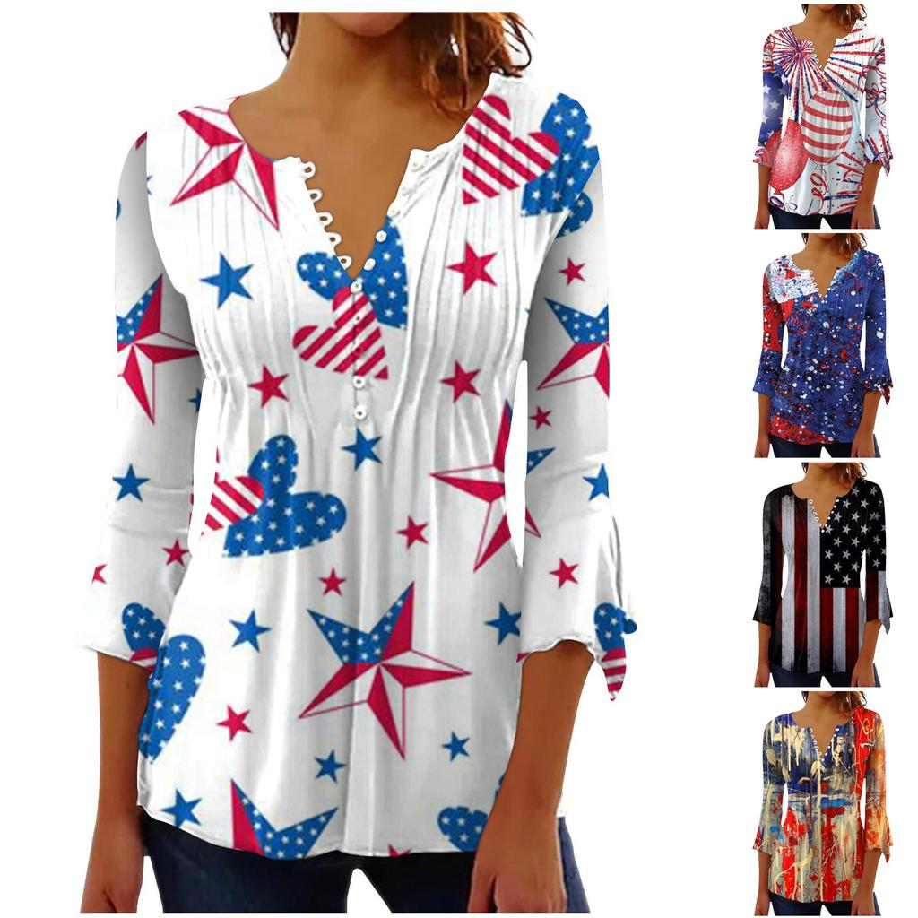 Топ на пуговицах для женщин, топы с принтом ко Дню независимости, повседневный топ с рукавом 3/4 и V-образным вырезом