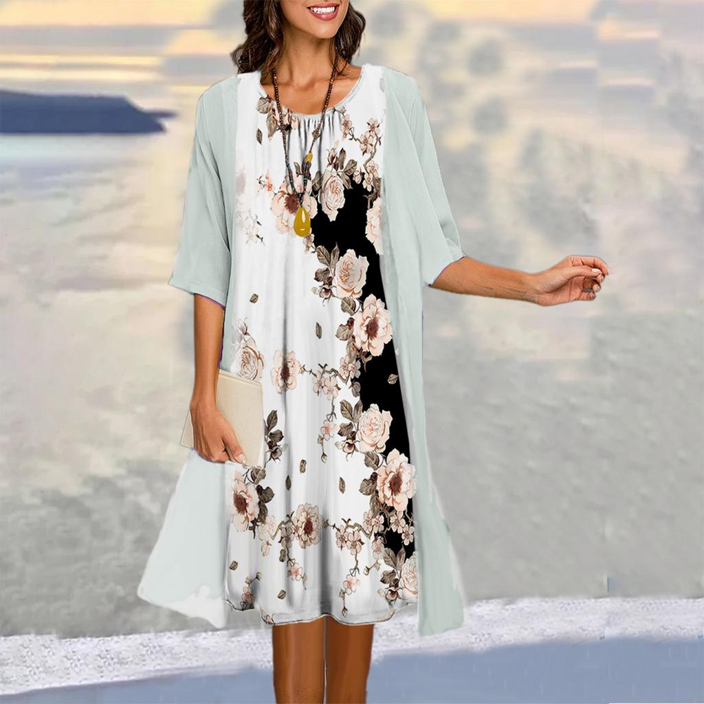Women's Two-piece Dress Printed Vest Medium Length Dress Cardigan Jacket Suit
