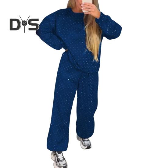 2 шт./комплект женский топ брюки костюм круглый вырез длинный рукав стразы декор толстовка эластичный пояс широкие брюки повседневная одежда спортивный наряд осень