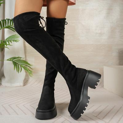 Модные ботфорты выше колена с круглым носком из замши на платформе с нескользящим блочным каблуком, облегающие ботинки