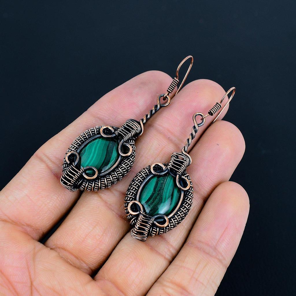 Серьги из малахита, украшения из меди 999 пробы с проволочной оплеткой, подарок для женщин, серьги ручной работы, украшения с драгоценными камнями