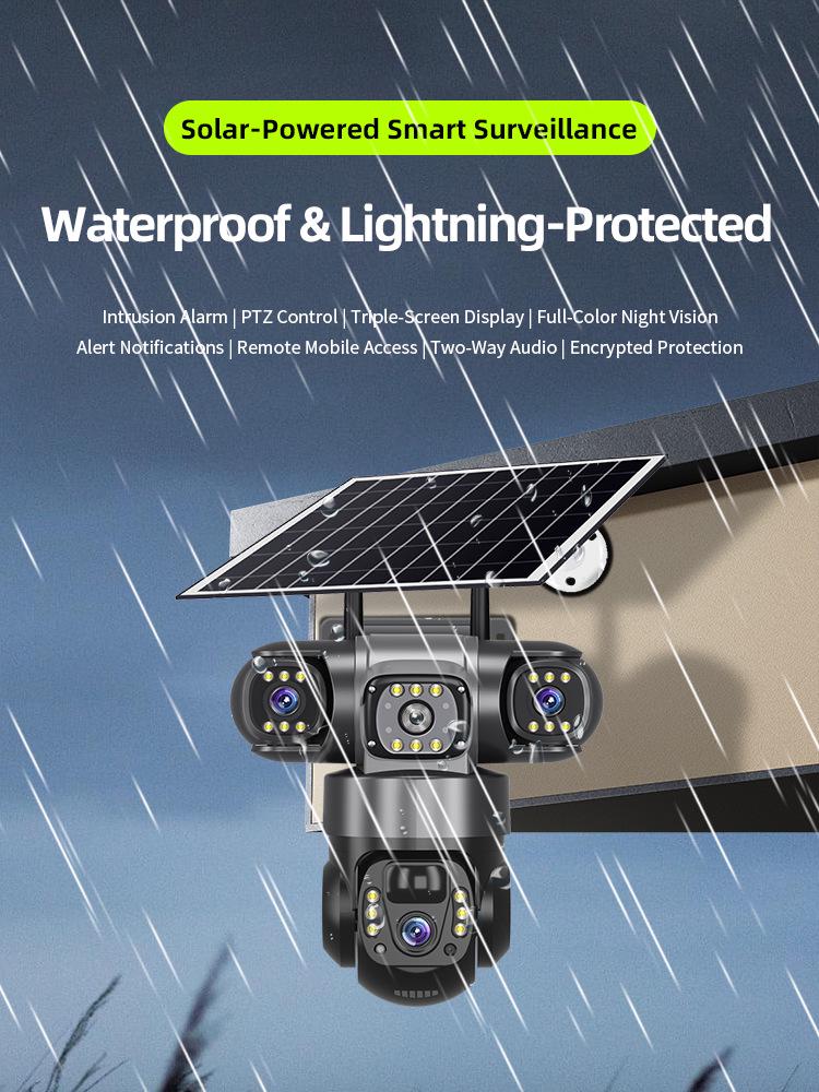 4G Камера видеонаблюдения на солнечной батарее с тремя объективами и видом с трех экранов