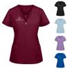 Women Solid Color Short-Sleeve V-neck Top Work Uniform Pocket Top