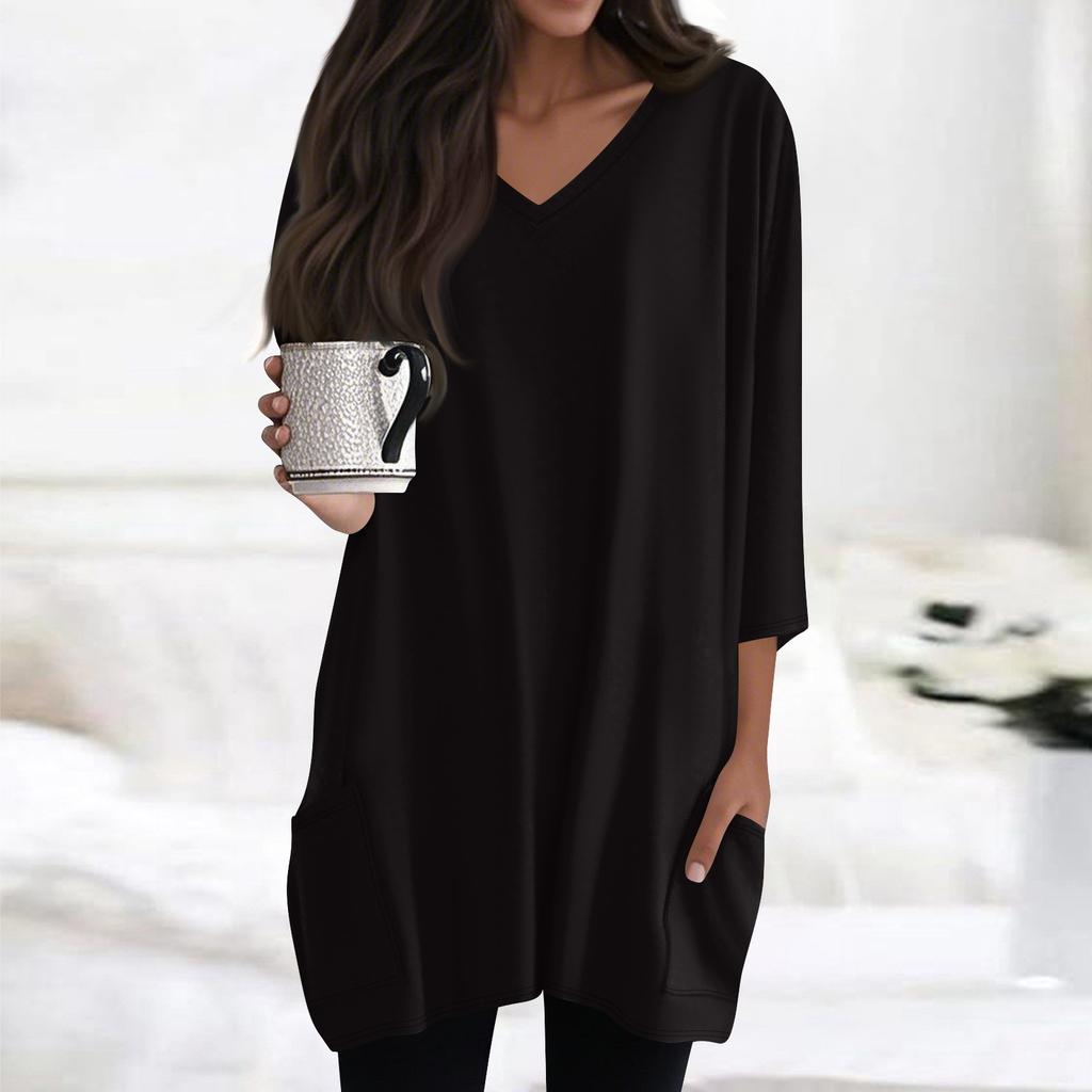 Womens Tops V-neck 3/4 Sleeve Blouses Casual Mid-length Shirts Fashion Print Tunic Tops With Pockets