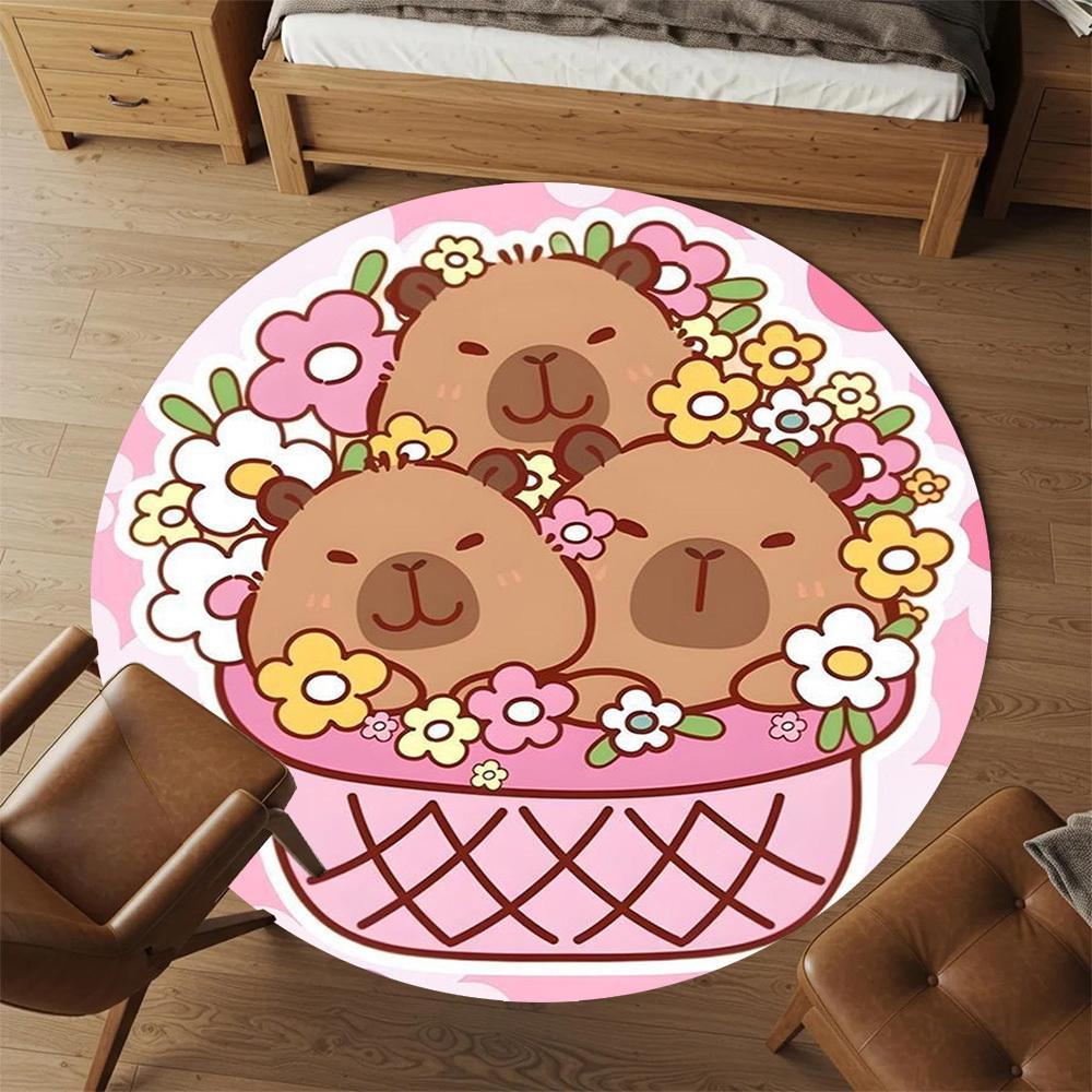 1PC Capybara Flowers Basket Round Chair mat Area Rug - Non-Slip, Floor Mat for Office, Bedroom, home decor Christmas Gift c0528058