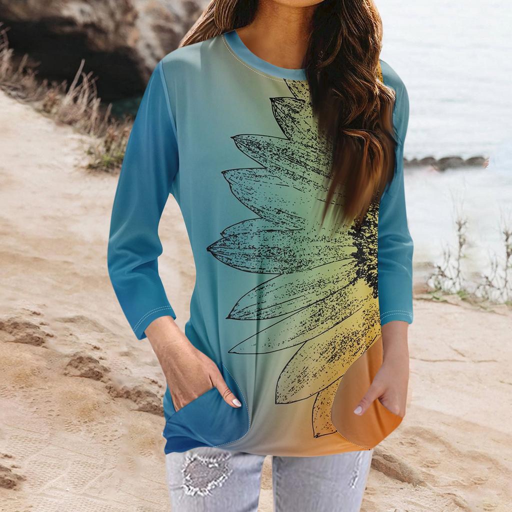 Женская модная повседневная футболка с карманом и круглым вырезом с рукавами 3/4 и топом