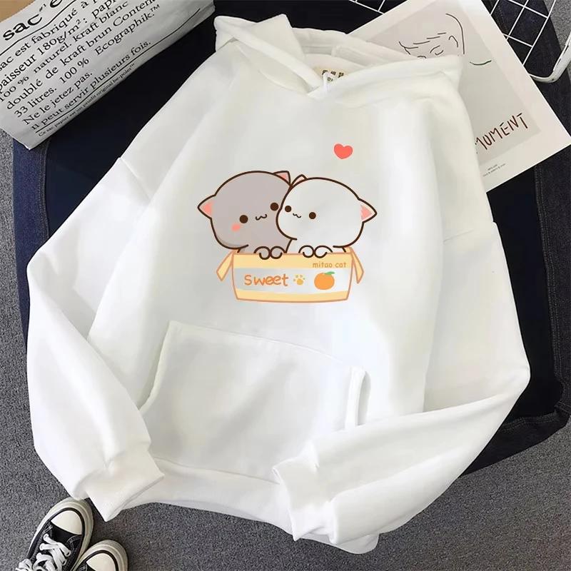 2025  Women's White Hoodies Kawaii Peach Cat Cartoon Print Femme Winter Hooded Sweatshirt Tops Casual Female Jumper