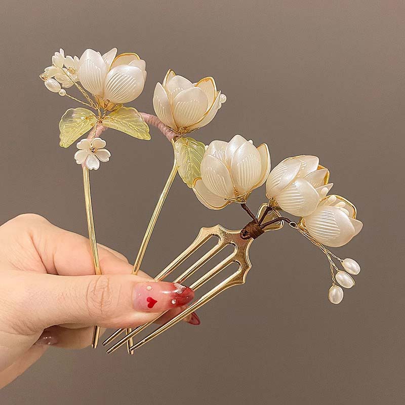 Новая китайская шпилька для волос с белым цветком для женщин, ретро элегантная металлическая U-образная заколка, шпилька для волос Ханфу, аксессуары для волос