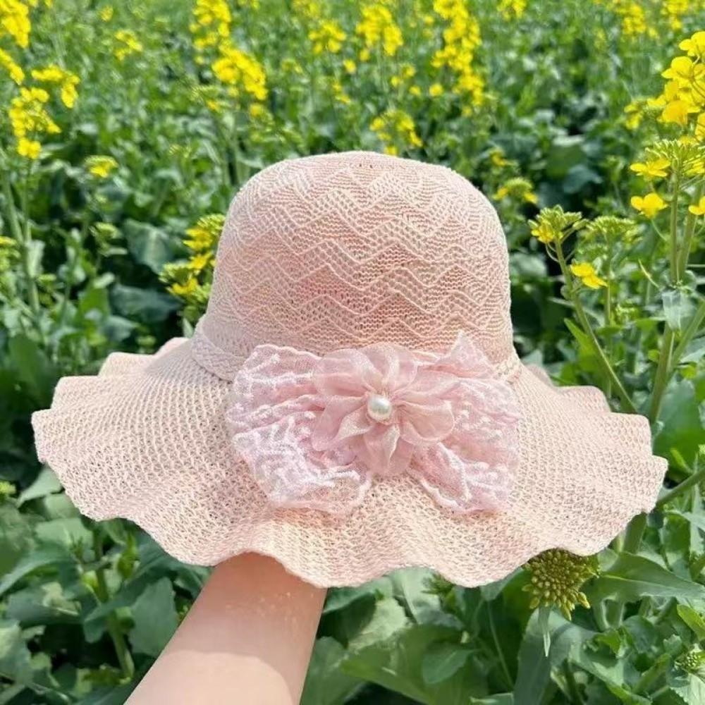 Lace Bow Wide Brim Knitted Hat Solid Color Beach Sun Hat Fashion UV Protection Cap Travel
