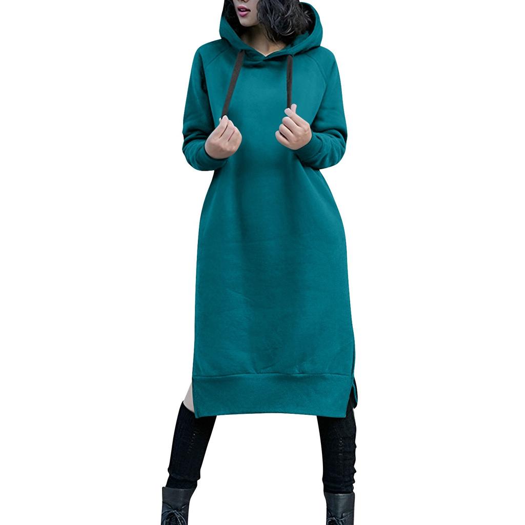Cute Hooded Dress For Teen Girls Solid Color Drawstring Pocket Long Sleeve Fall Plus Size Sweatshirt Dress