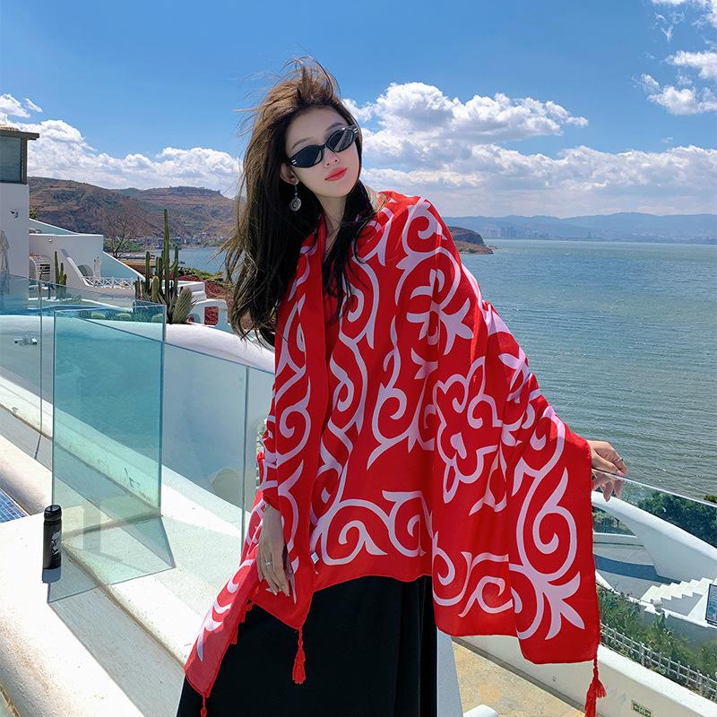 Summer cotton and linen feel scarf travel silk scarf sun protection air conditioner large shawl women's beach towel ethnic style scarf