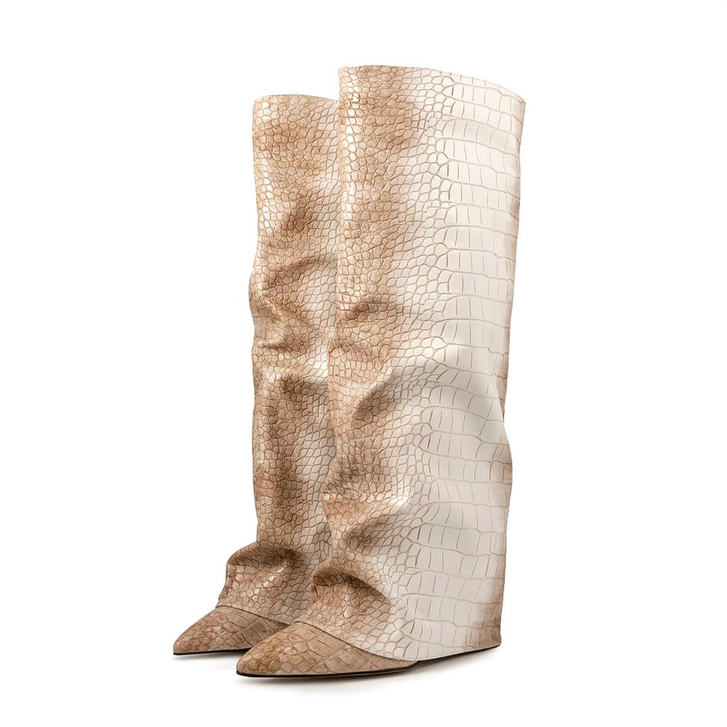 Женские высокие сапоги с принтом крокодила, с острым носком, леопардовым принтом, на танкетке, в стиле ретро, слипоны, с голенищем до колена, плиссированные