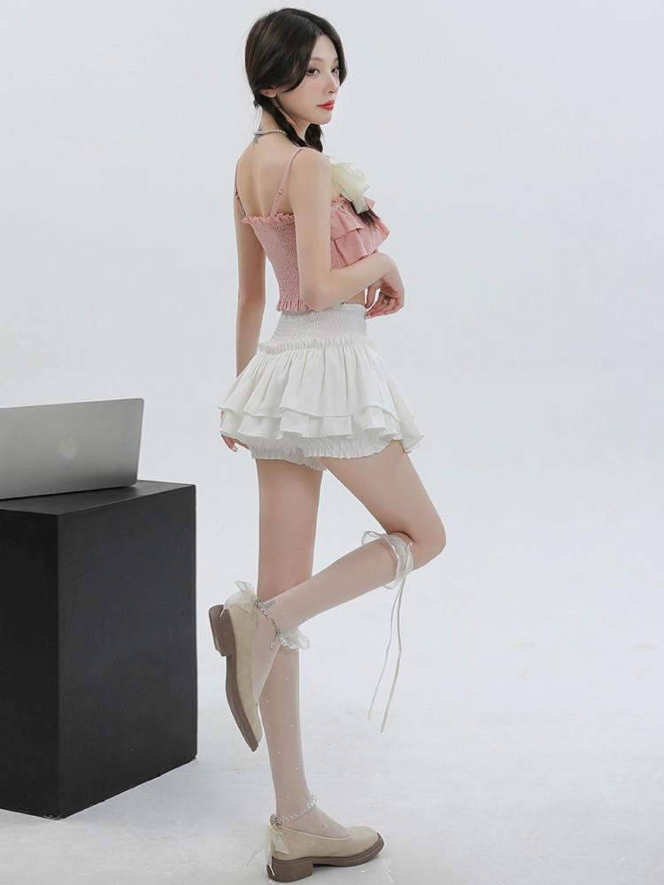 Kawaii мини-юбка, шорты, женские милые сексуальные балетки, белая эластичная высокая талия, лоскутная юбка с рюшами в стиле Лолиты, корейская юбка