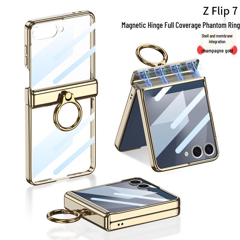 Samsung Z Flip7 Transparent Phone Case with Integrated Ring Buckle and Full-Cover Hinged Hard Shell
