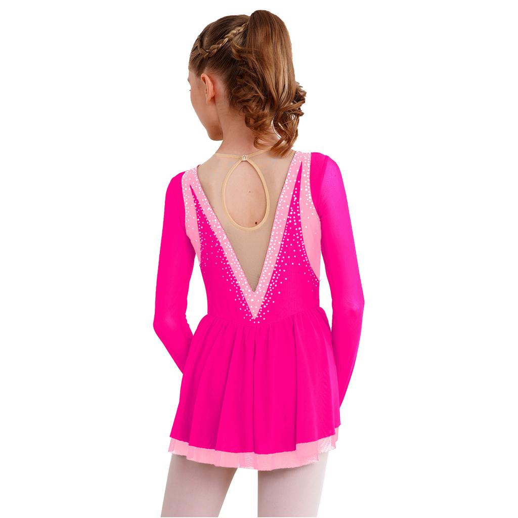 Детское танцевальное платье в стиле пэчворк для девочек, сверкающие стразы, прозрачная сетка, длинные рукава, элегантная замочная скважина сзади, одежда для выступлений