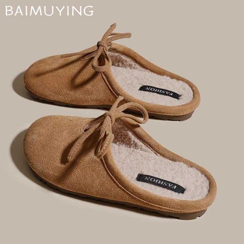 Меховые женские хлопковые тапочки на плоской подошве замшевые мюли зимняя мода с открытой пяткой женские ботинки 2025 трендовые удобные теплые туфли Mujer