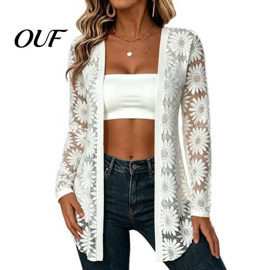 Women Lace Cardigan Cardigan, Open Front Long Sleeve Beach Cover-Up, Sheer Lady Floral Kimono Shrug, Lightweight Summer Casual Top
